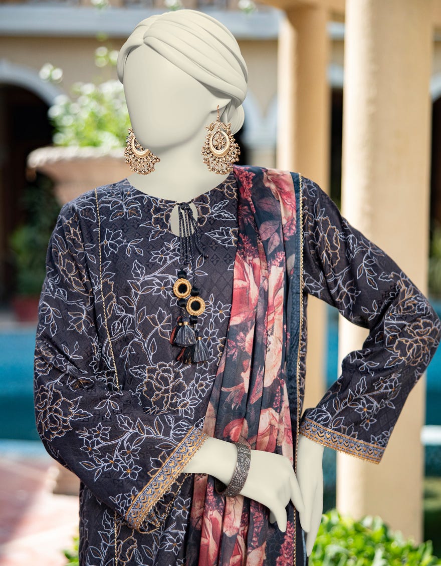 BLACK LAWN PASTE PRINTED UNSTITCHED 3PC