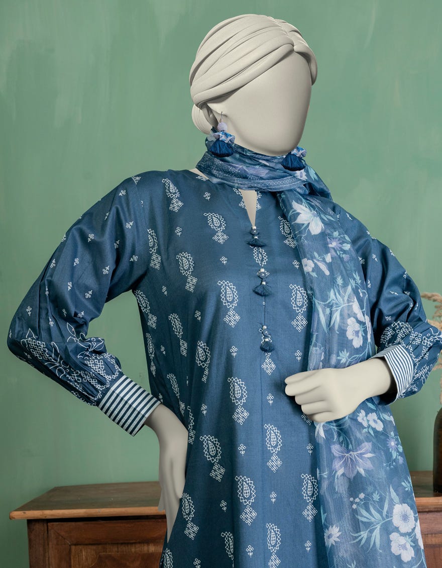 BLUE LAWN PASTE PRINTED UNSTITCHED 3PC