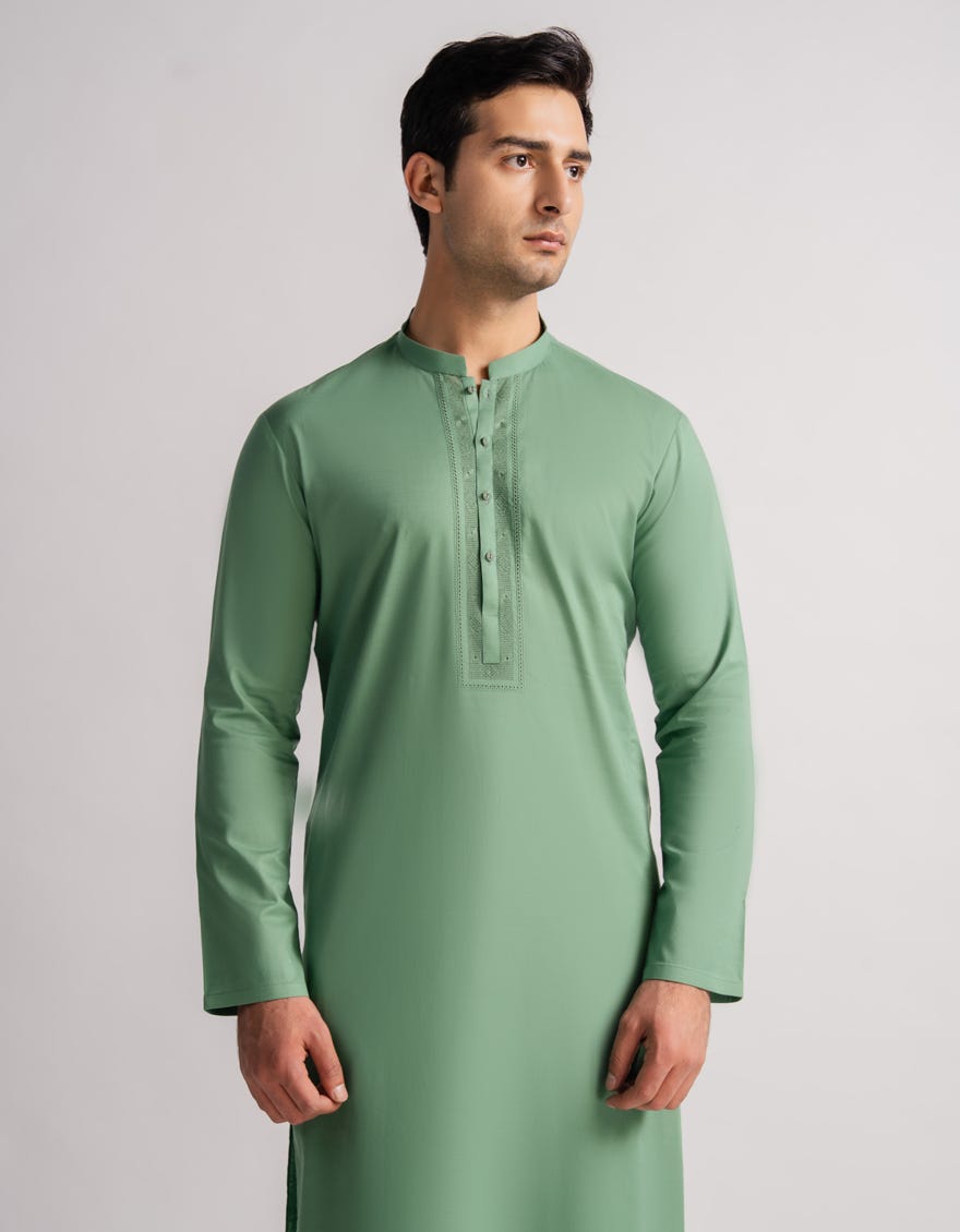 GREEN COTTON SEMI-FORMAL KURTA TROUSERS