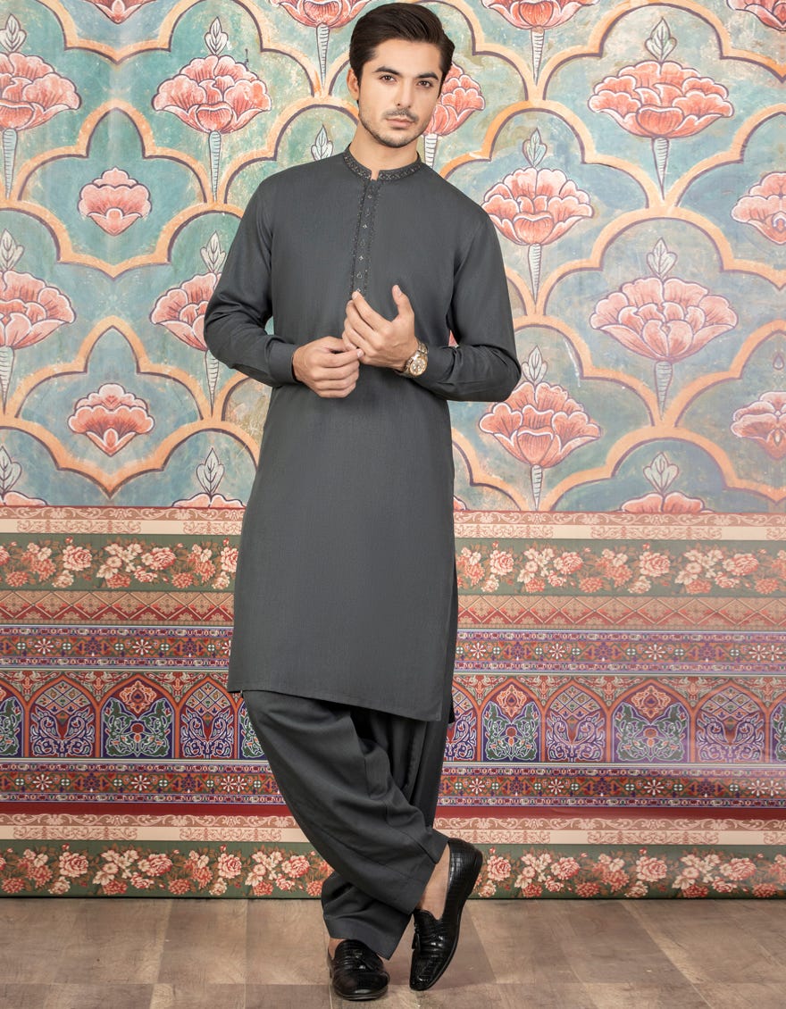 DARK GREY BLENDED KAMEEZ SHALWAR | JJKS-A-34110