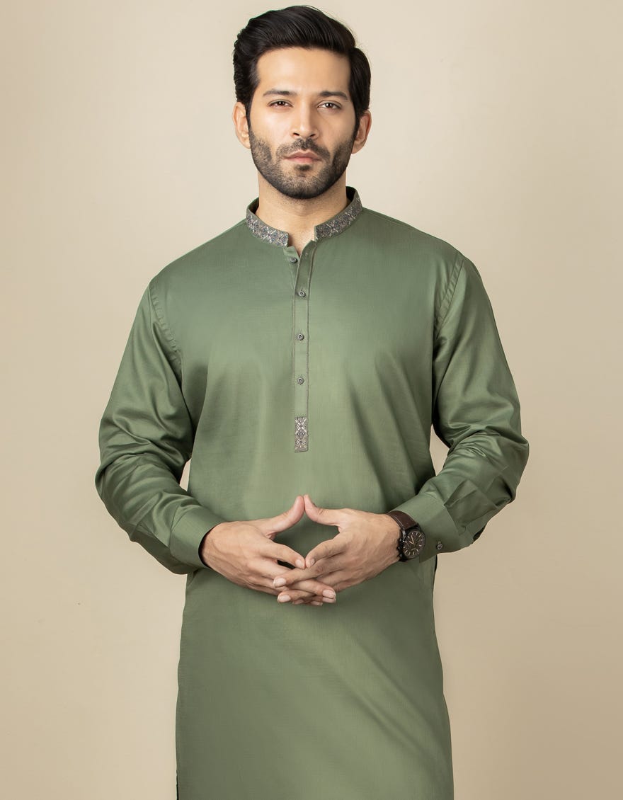 ARMY GREEN COTTON KAMEEZ SHALWAR | JJKS-S-34169