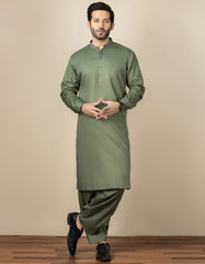 ARMY GREEN COTTON KAMEEZ SHALWAR | JJKS-S-34169