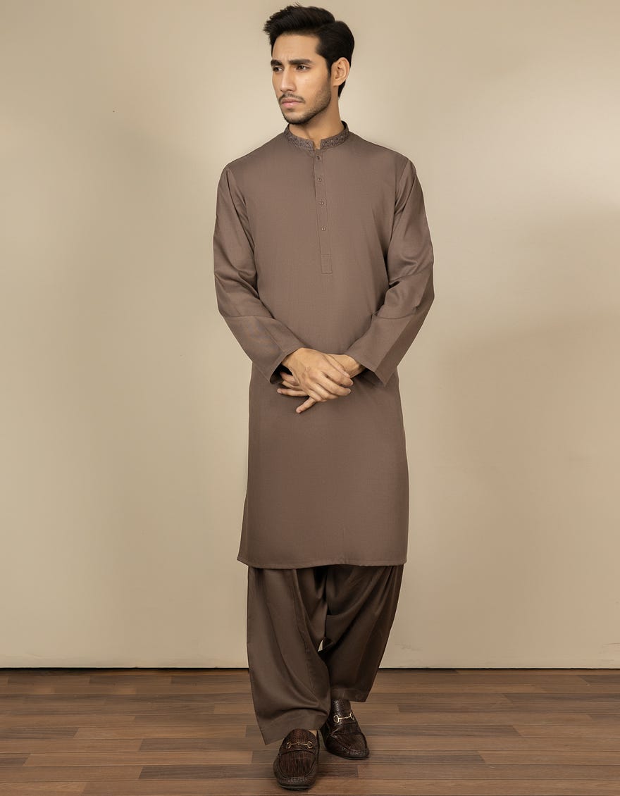 BROWN POLYESTER VISCOSE KAMEEZ SHALWAR | JJKS-S-34189