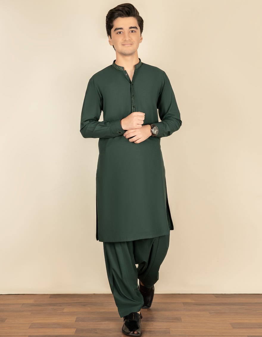 BOTTLE GREEN BLENDED KAMEEZ SHALWAR | JTKS-S-35943