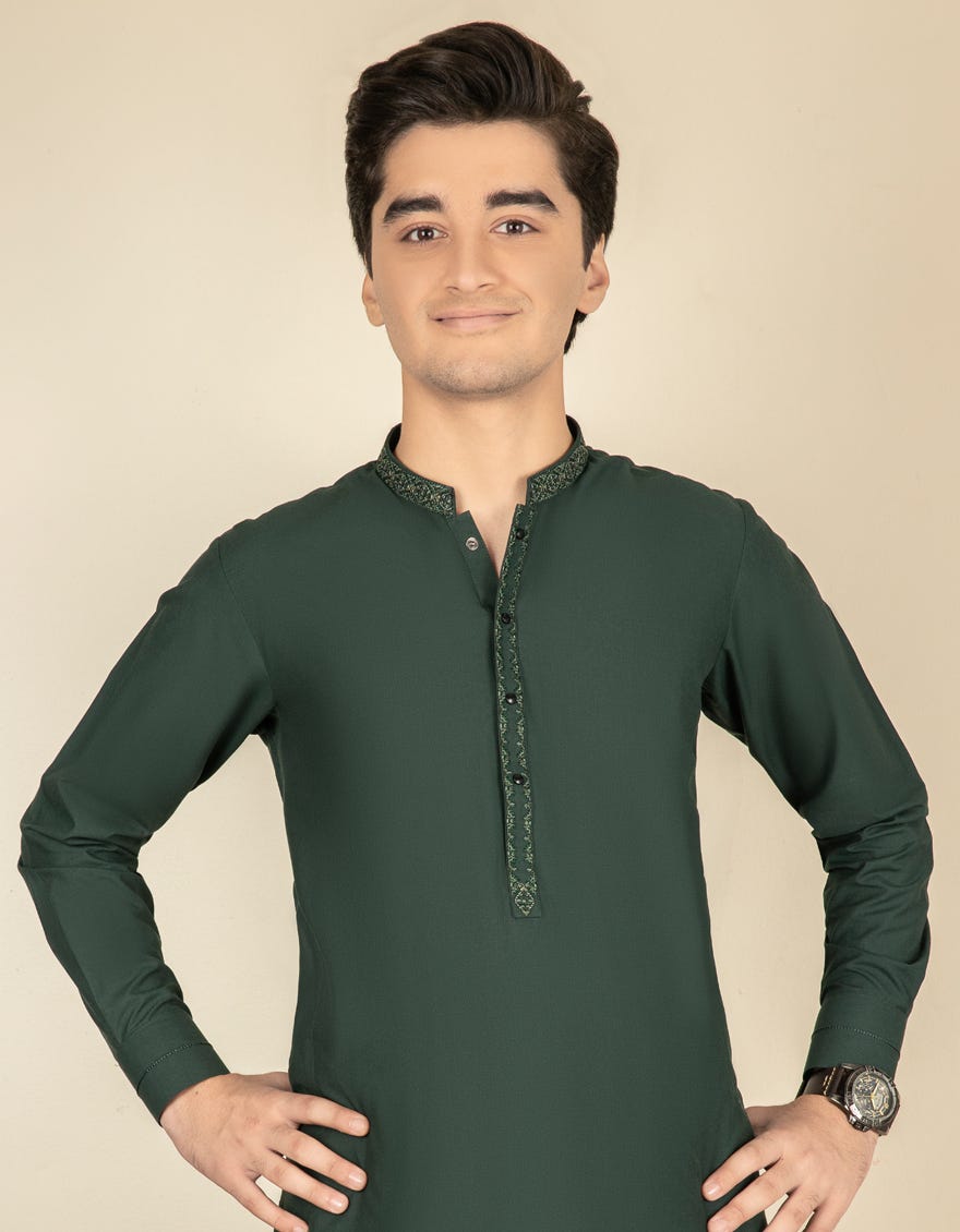 BOTTLE GREEN BLENDED KAMEEZ SHALWAR | JTKS-S-35943