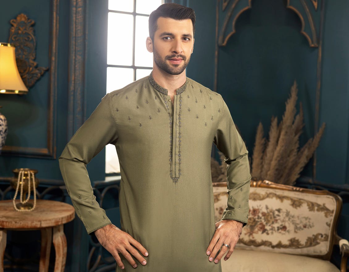 DULL OLIVE BLENDED KAMEEZ SHALWAR | JJKS-S-36856
