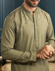 DULL OLIVE BLENDED KAMEEZ SHALWAR | JJKS-S-36856