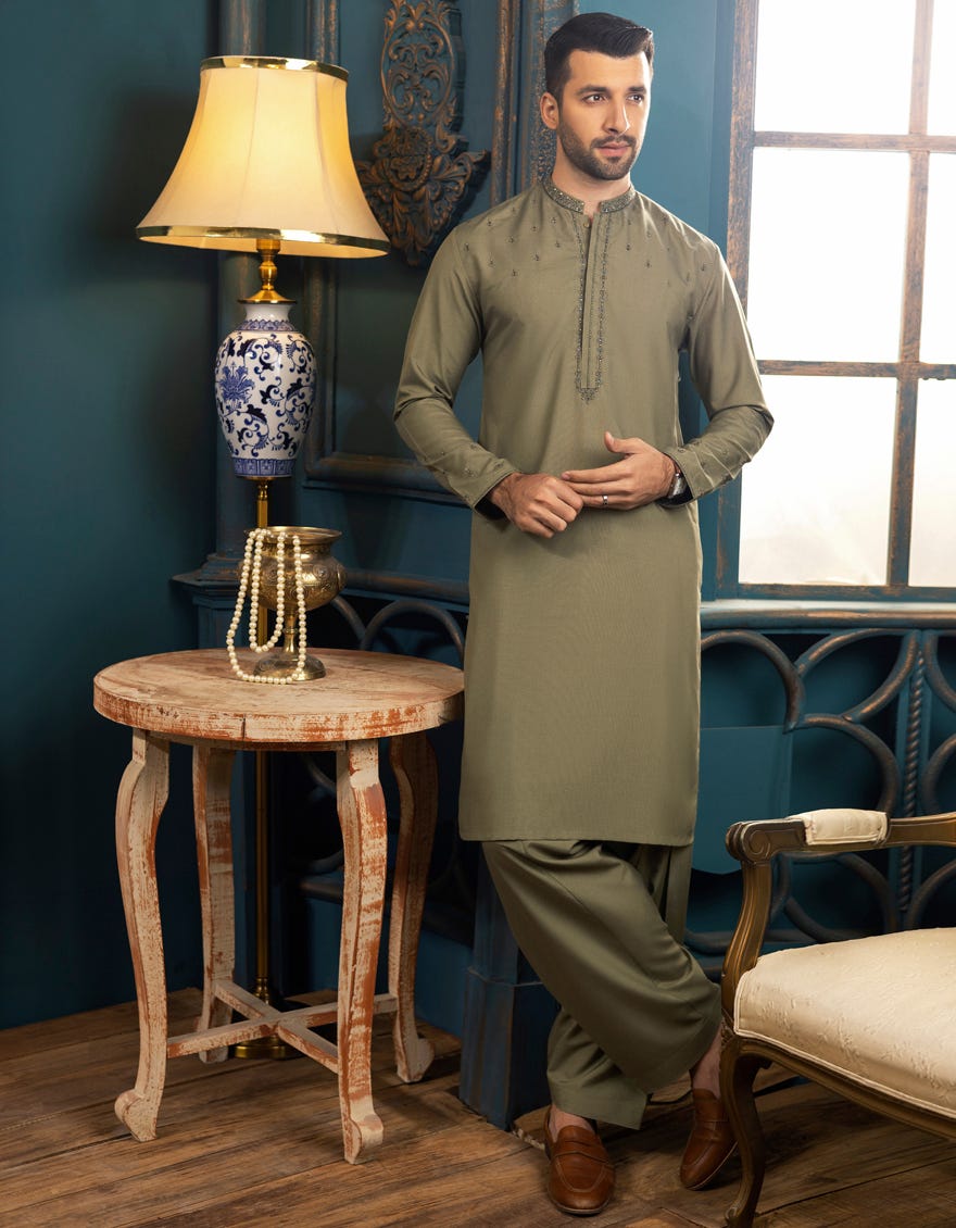 DULL OLIVE BLENDED KAMEEZ SHALWAR | JJKS-S-36856