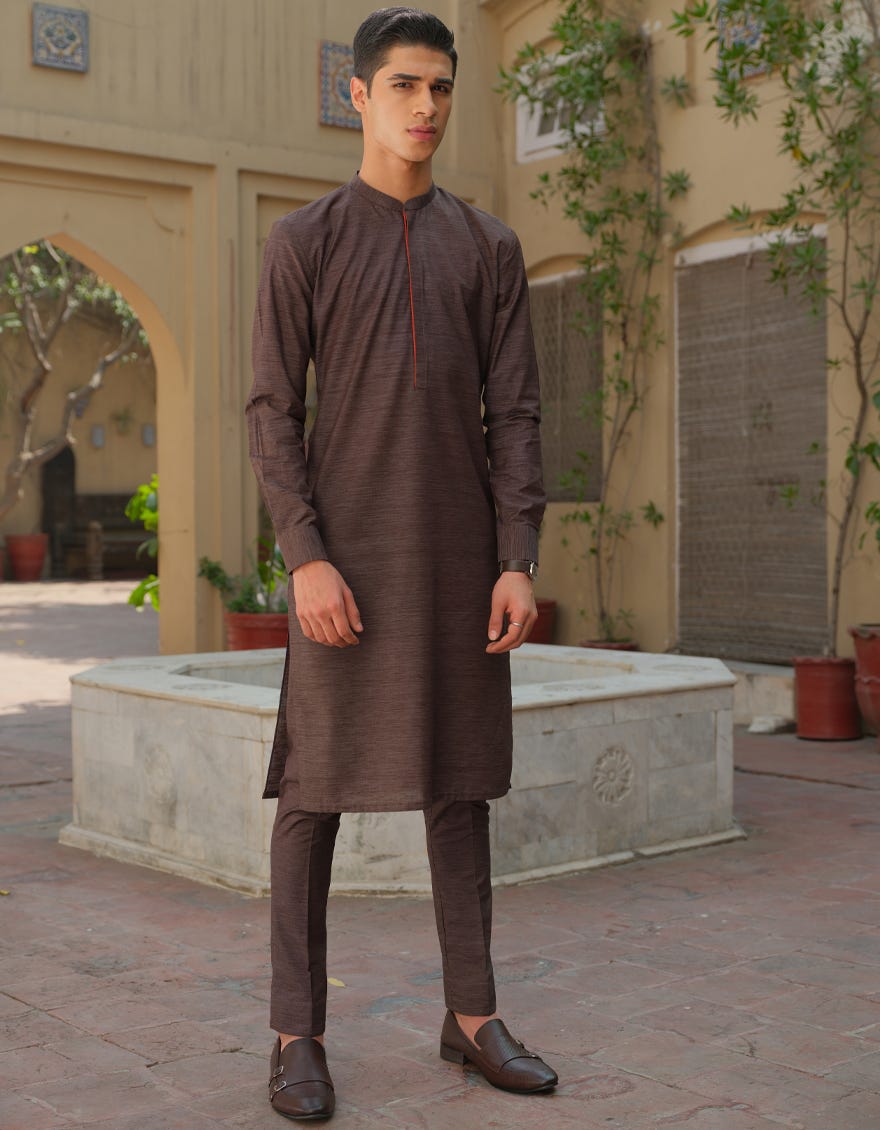 BROWN TEXTURE CVC KURTA PAJAMA | JJKP-S-36890
