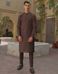 BROWN TEXTURE CVC KURTA PAJAMA | JJKP-S-36890
