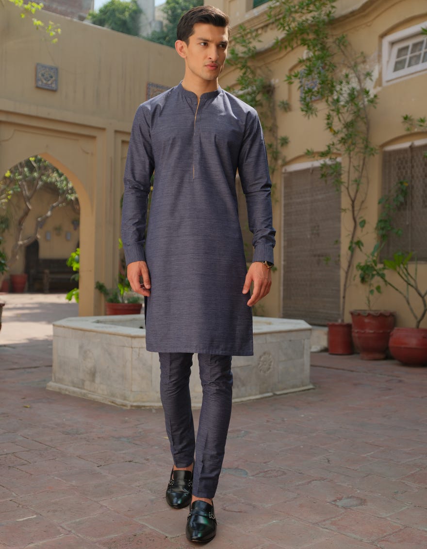 BLUE TEXTURE CVC KURTA PAJAMA | JJKP-S-36891