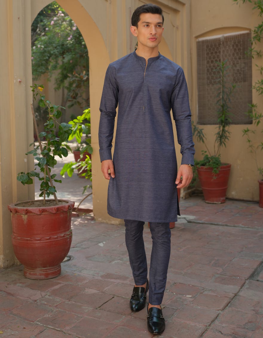 BLUE TEXTURE CVC KURTA PAJAMA | JJKP-S-36891