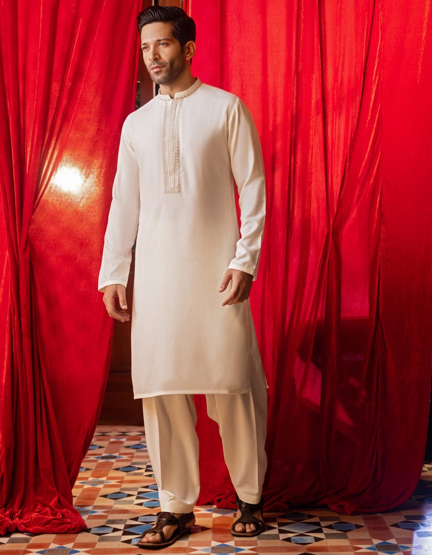 CREAM BLENDED KAMEEZ SHALWAR | JJKS-W-36895