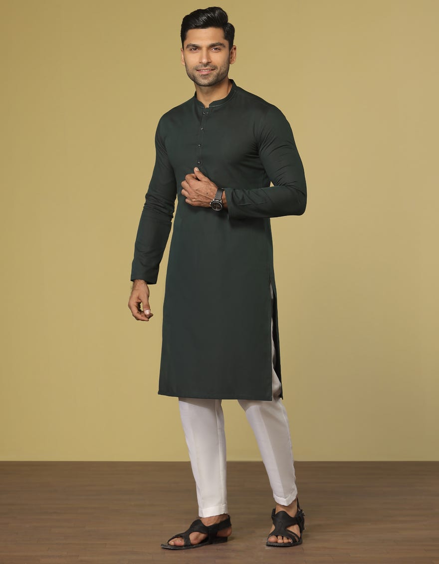 BOTTLE GREEN BLENDED KURTA | JJK-S-36921