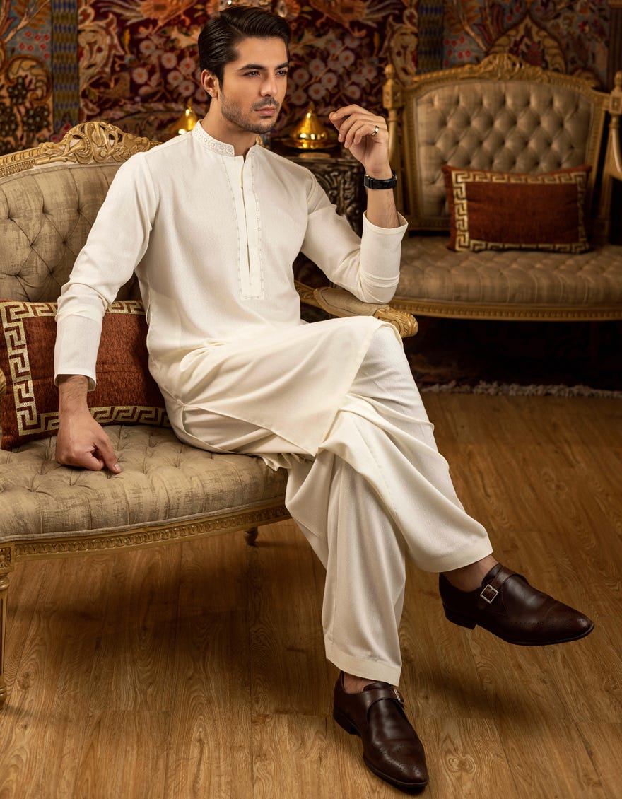 OFF WHITE BLENDED KAMEEZ SHALWAR | JJKS-S-37571