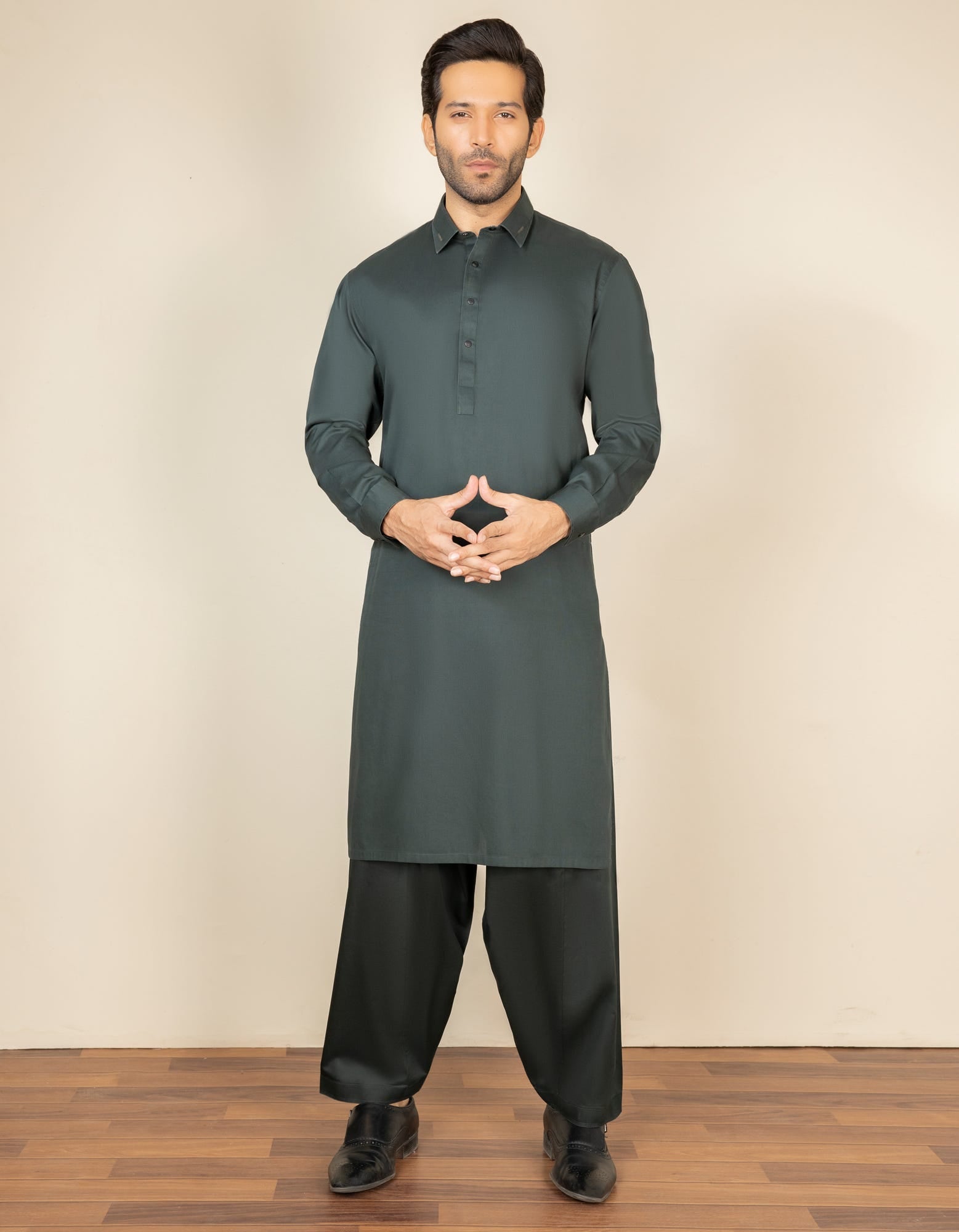 BOTTLE GREEN COTTON KAMEEZ SHALWAR | JJKS-S-37592