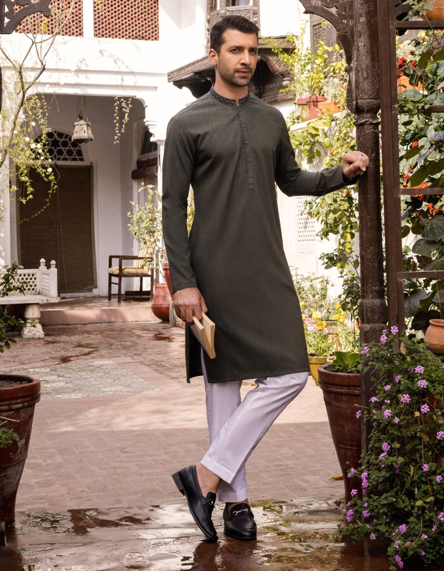 DULL GREEN BLENDED KURTA | JJK-S-37595
