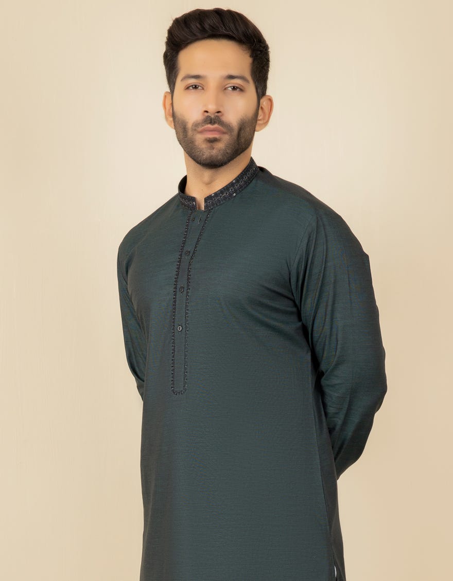 BOTTLE GREEN COTTON KURTA | JJK-S-37603