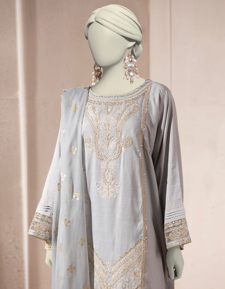 GREY ORGANZA EMBROIDERED 3PC STITCHED