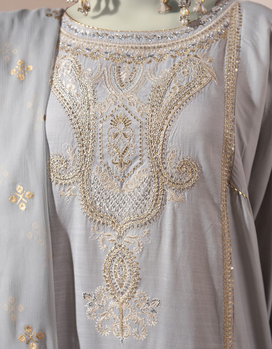 GREY ORGANZA EMBROIDERED 3PC STITCHED