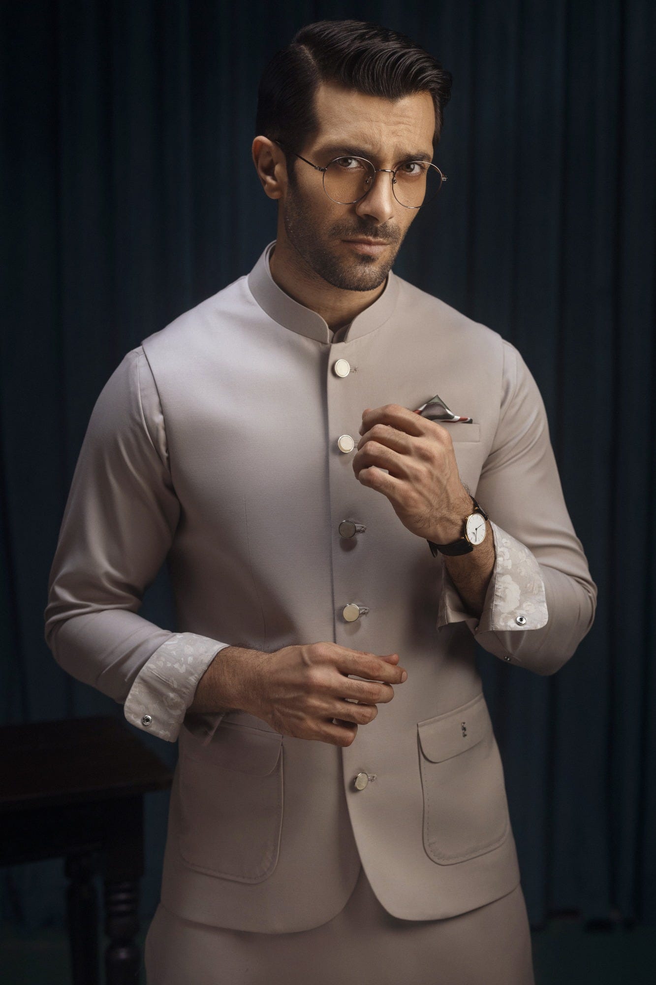SAINT PAUL - LIME STONE BLENDED KAMEEZ SHALWAR & WAISTCOAT