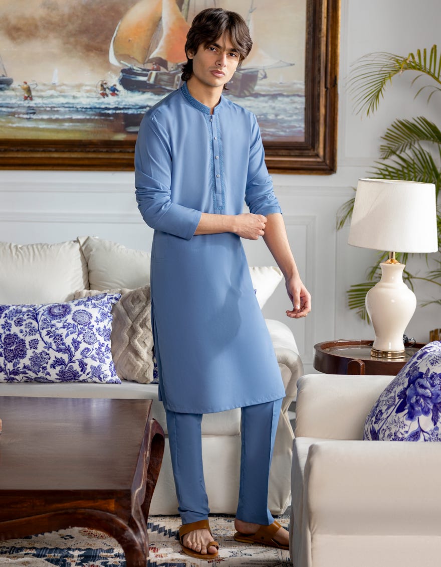 LIGHT BLUE SEMI-FORMAL KURTA TROUSER