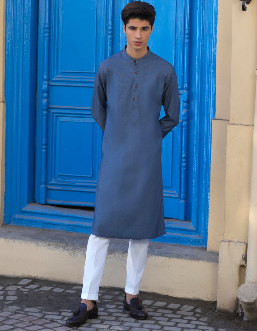 DENIM BLUE COTTON KURTA PAJAMA | JJKP-S-40235