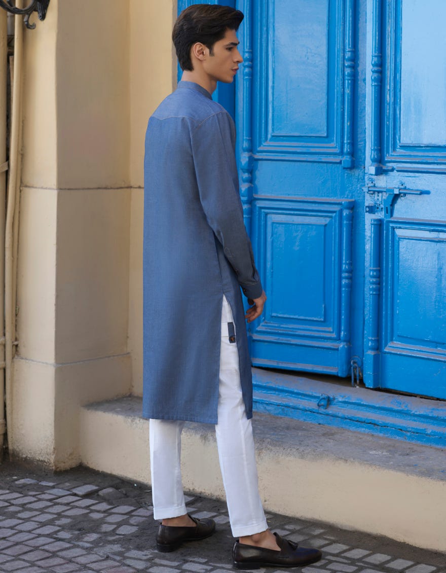 DENIM BLUE COTTON KURTA PAJAMA | JJKP-S-40235
