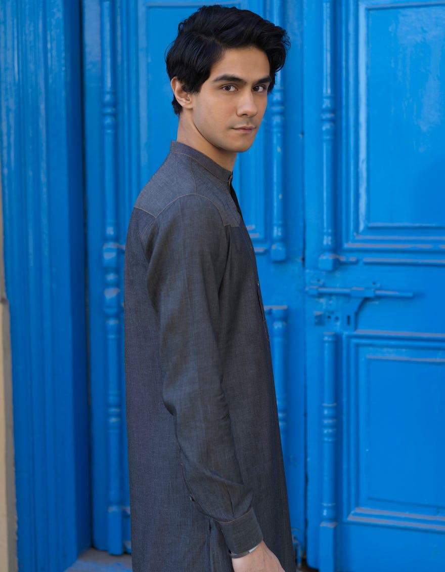 DENIM GREY COTTON KURTA PAJAMA | JJKP-S-40236