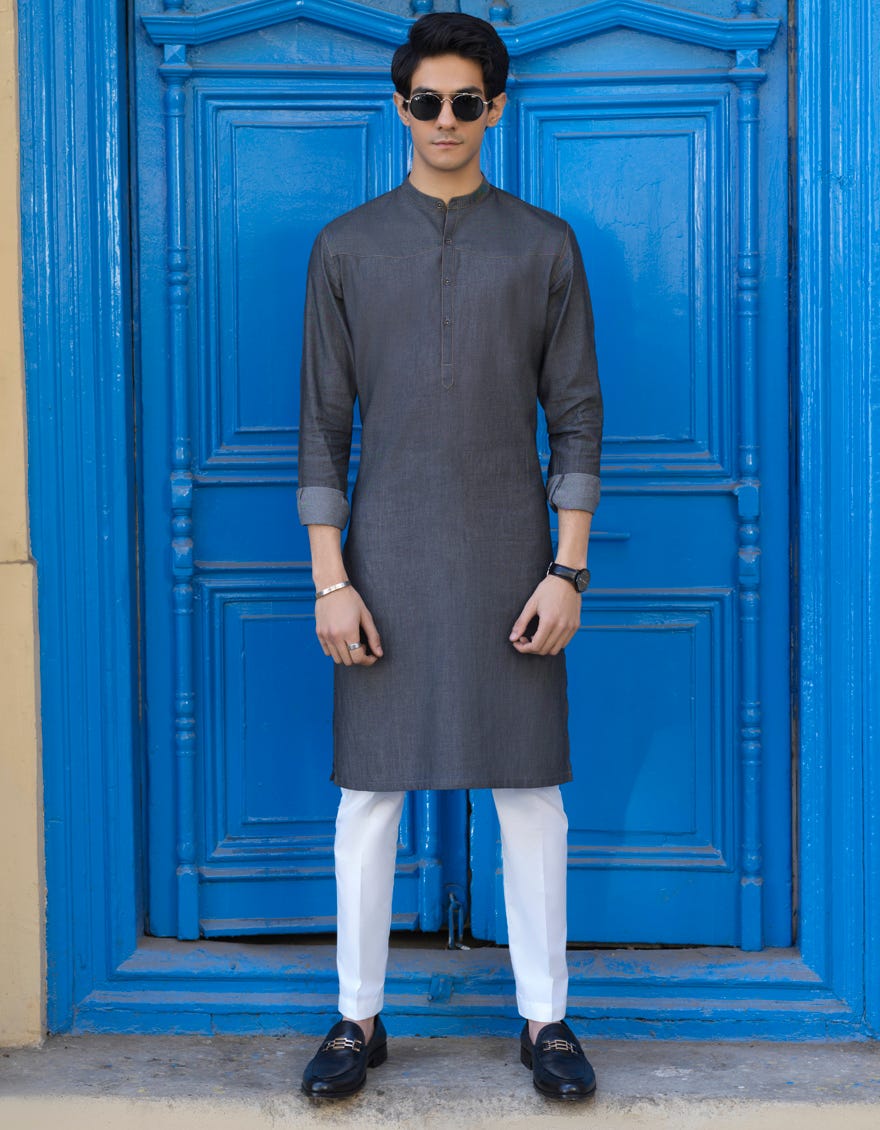 DENIM GREY COTTON KURTA PAJAMA | JJKP-S-40236