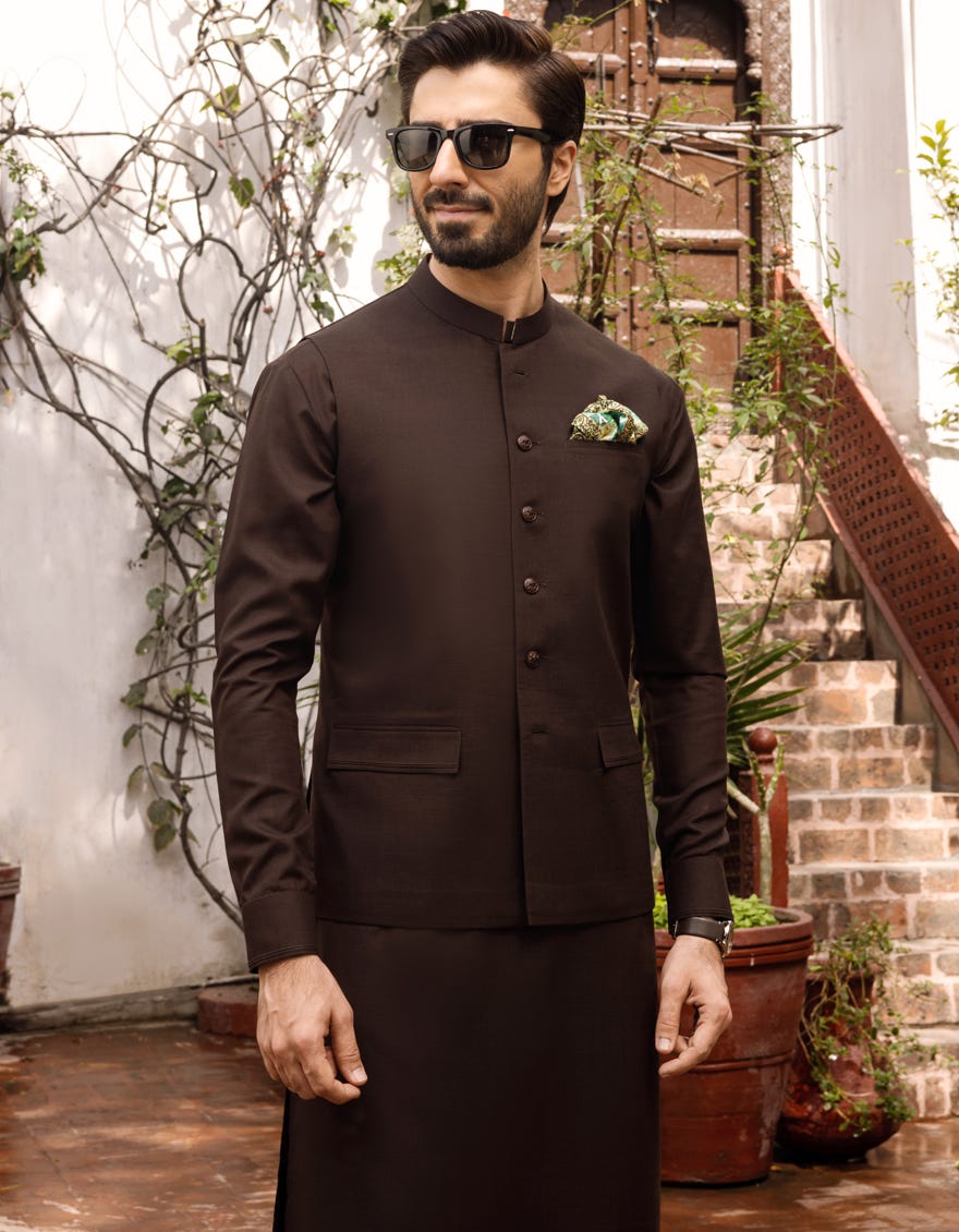 BLACK COFFEE BLENDED KAMEEZ SHALWAR & WAISTCOAT | JJKSVC-40260