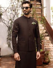 BLACK COFFEE BLENDED KAMEEZ SHALWAR & WAISTCOAT | JJKSVC-40260