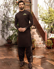 BLACK COFFEE BLENDED KAMEEZ SHALWAR & WAISTCOAT | JJKSVC-40260