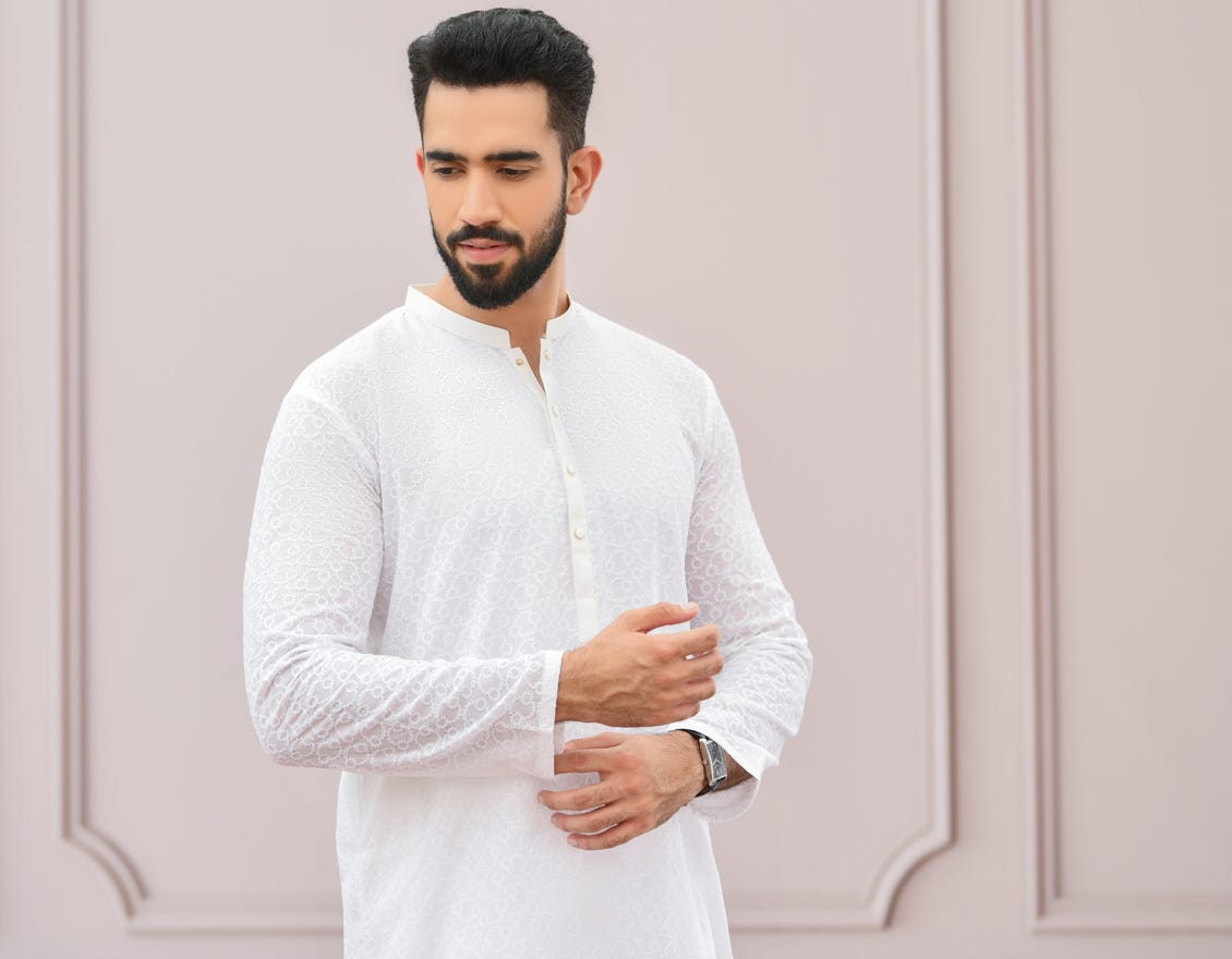 WHITE SCHIFFLI KURTA | JJK-A-42337