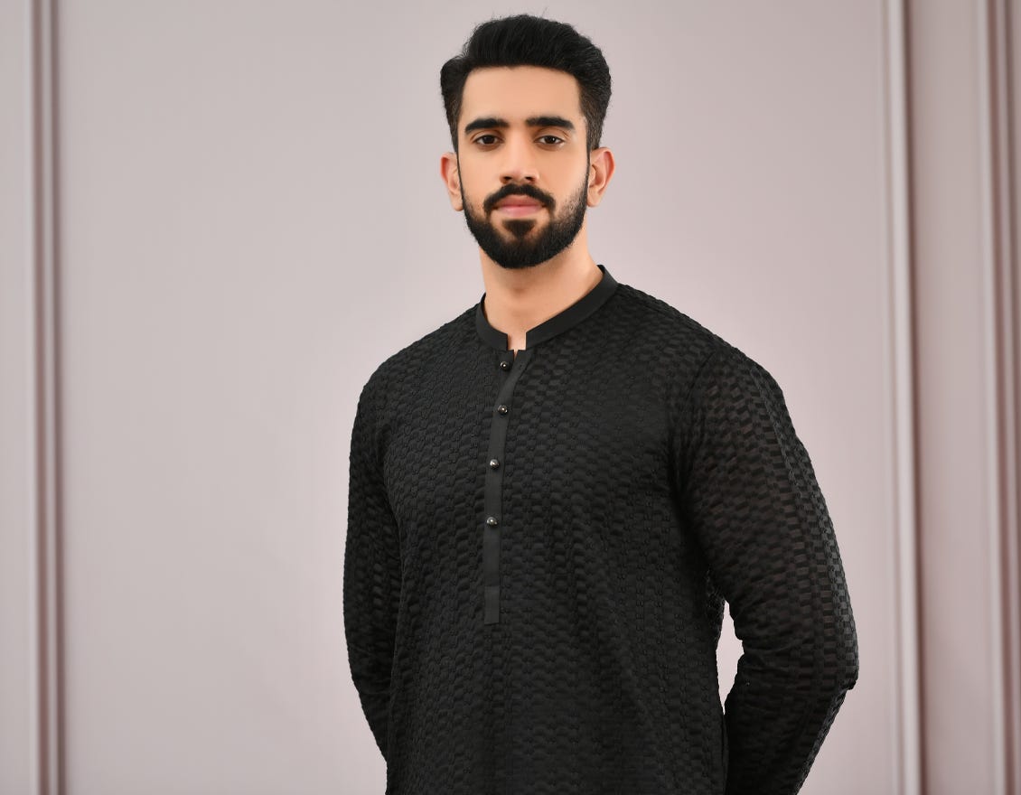 BLACK SCHIFFLI KURTA | JJK-A-42340