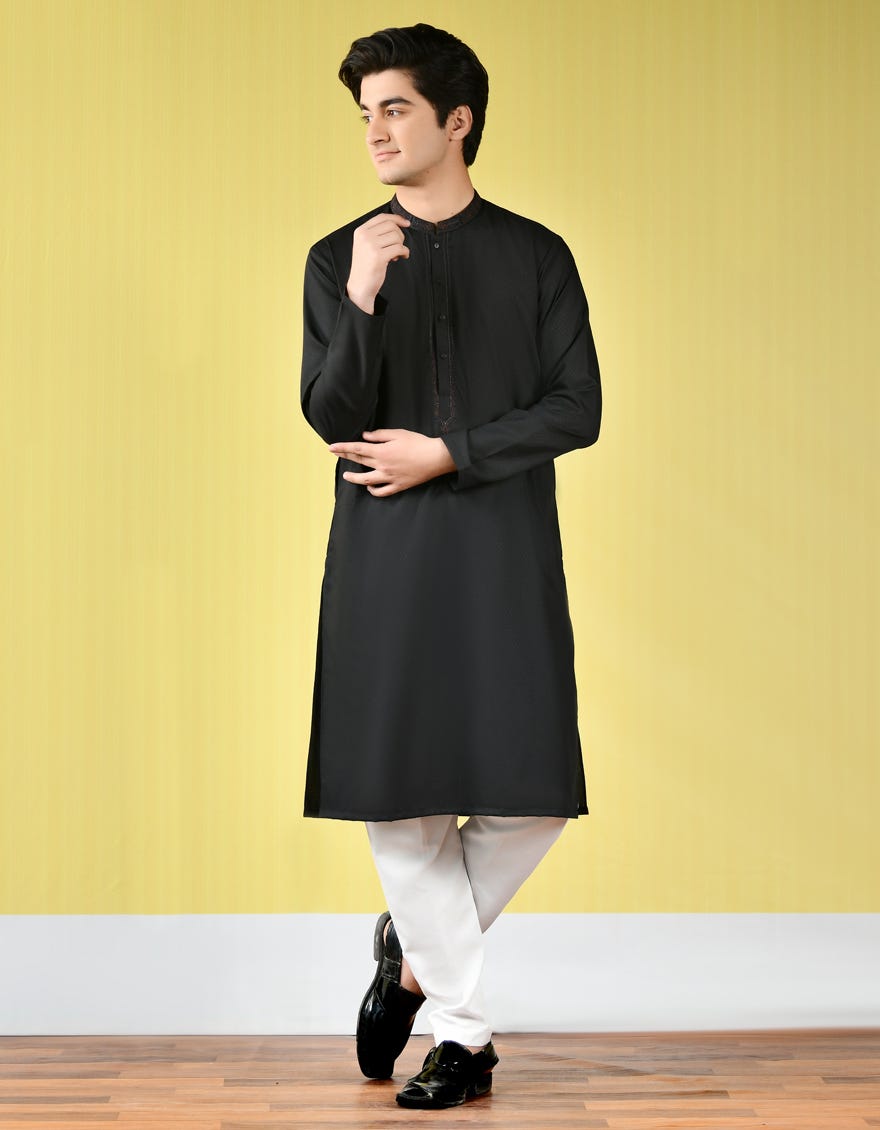 BLACK POLYESTER VISCOSE KURTA | JTK-A-42379