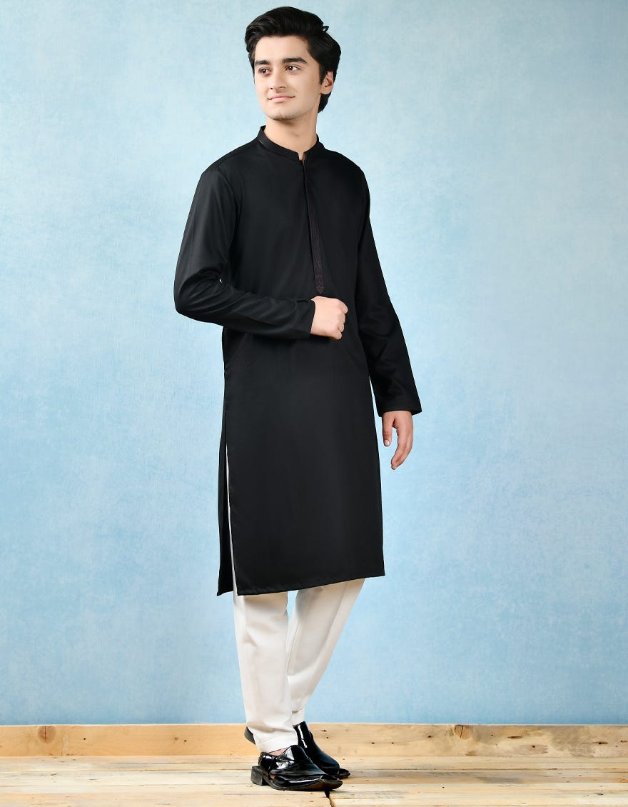 BLACK POLYESTER VISCOSE KURTA | JTK-A-42380
