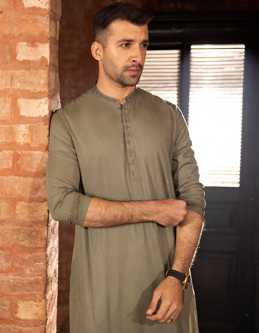 OLIVE GREEN COTTON KURTA | JJK-A-43074