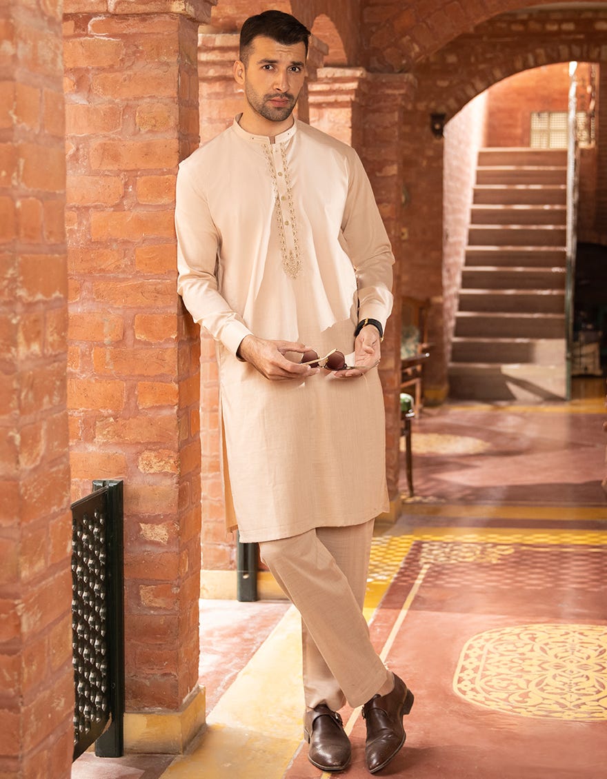 BEIGE COTTON KURTA PAJAMA | JJKP-S-43076