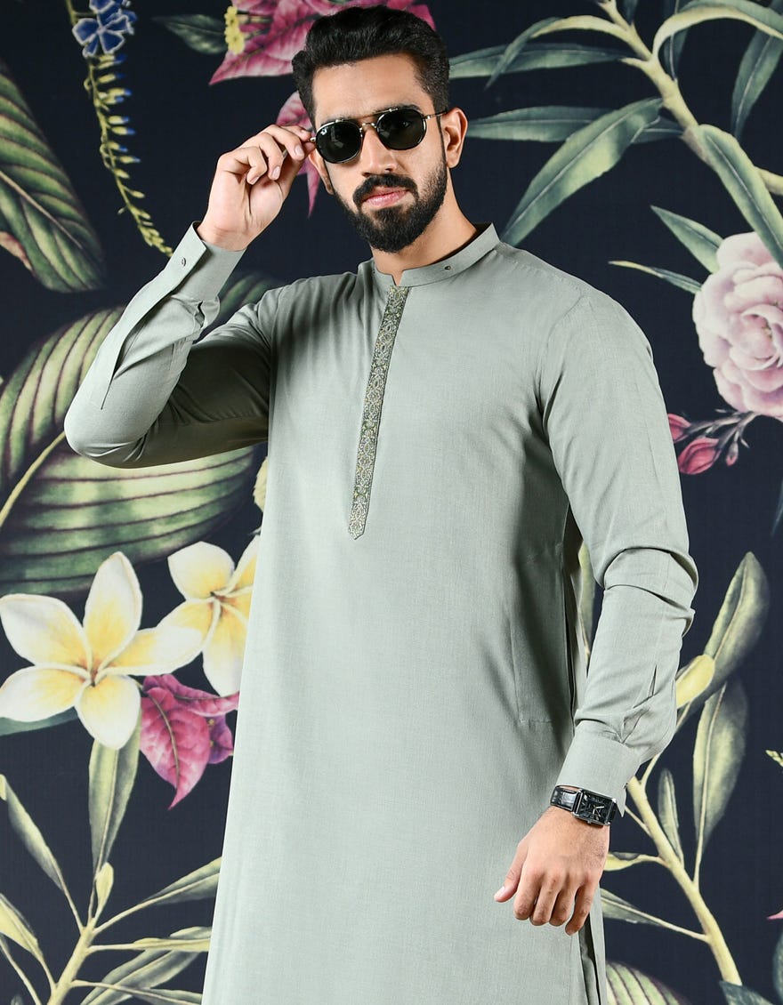 ARMY GREEN POLYESTER VISCOSE KURTA PAJAMA | JJKP-A-43078