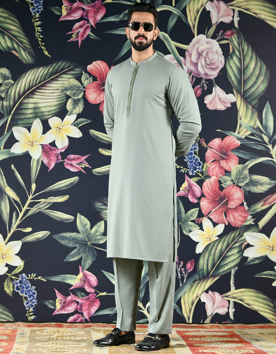 ARMY GREEN POLYESTER VISCOSE KURTA PAJAMA | JJKP-A-43078