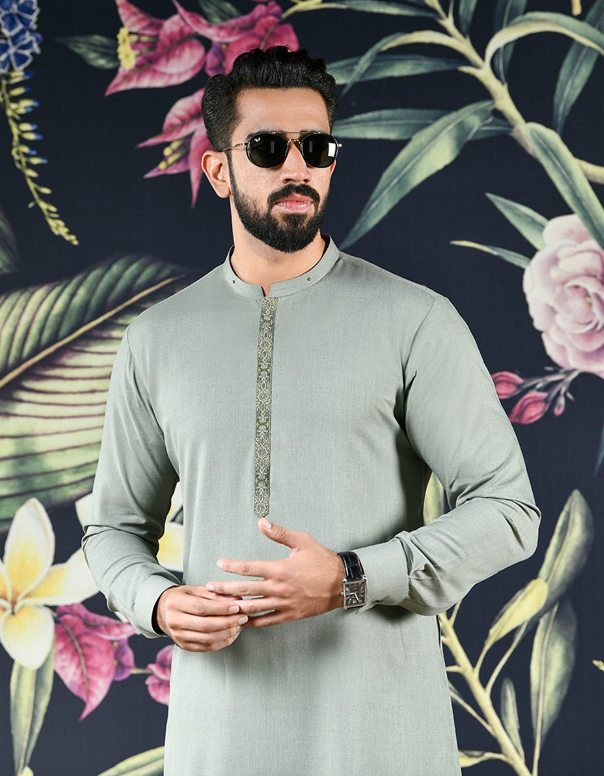 ARMY GREEN POLYESTER VISCOSE KURTA PAJAMA | JJKP-A-43078