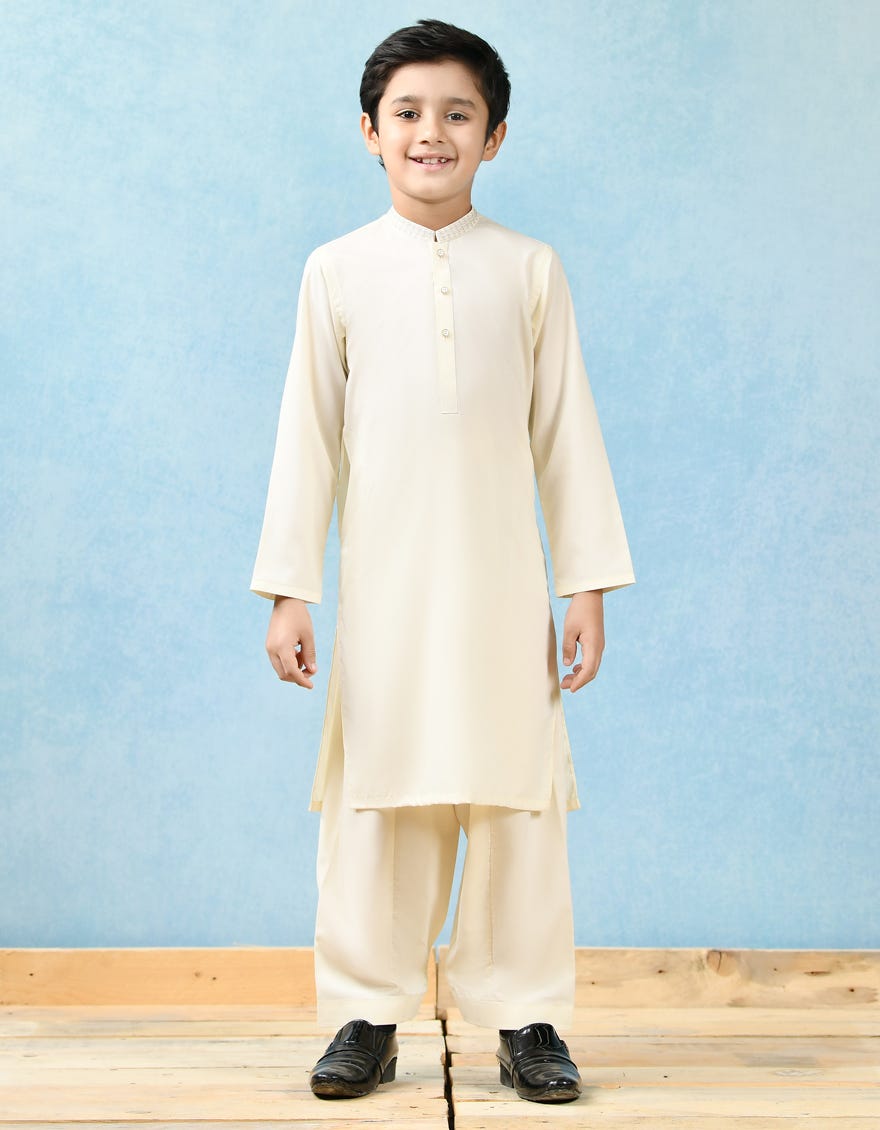 CREAM POLYESTER VISCOSE KAMEEZ SHALWAR | JCKS-43126