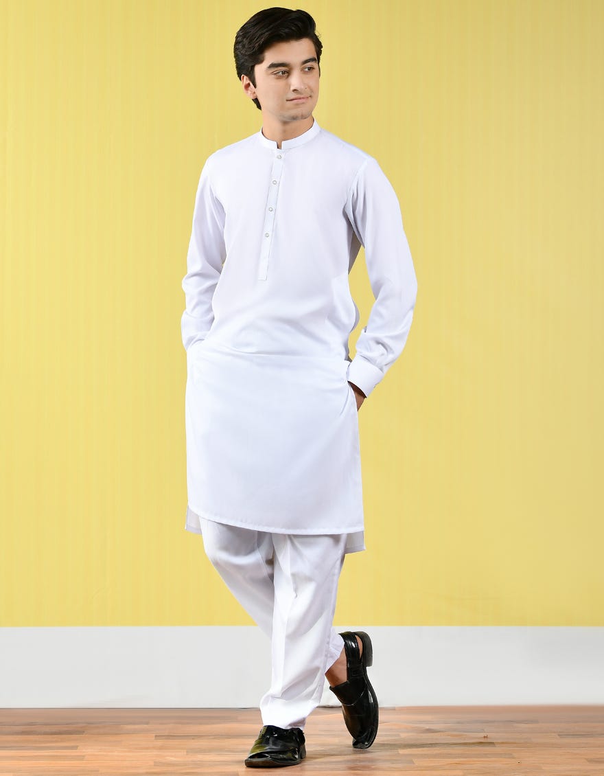 WHITE POLYESTER VISCOSE KURTA PAJAMA | JTKP-A-44022