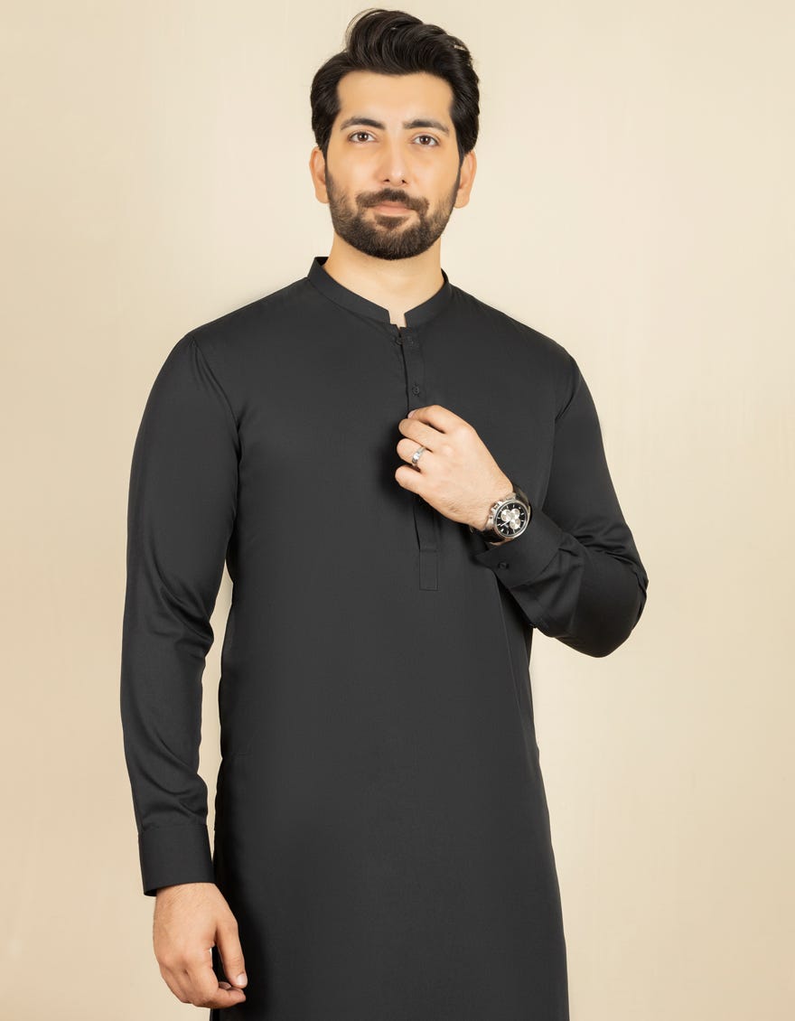 BLACK POLYESTER VISCOSE KURTA PAJAMA | JJKP-44069