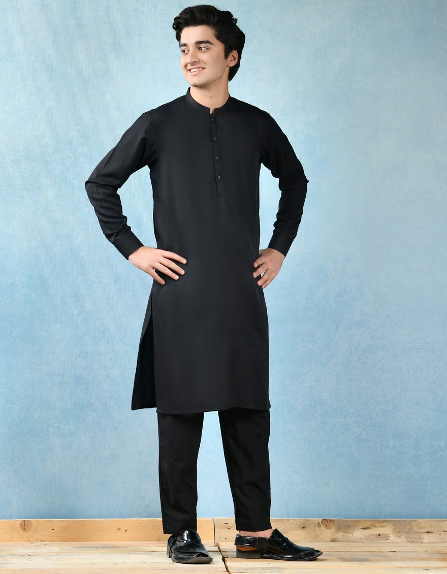 BLACK POLYESTER VISCOSE KURTA PAJAMA | JTKP-A-44071