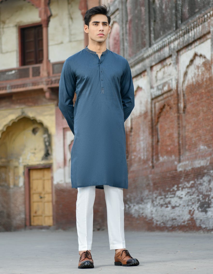 CHARCOAL-BLUE COTTON KURTA | JJK-45002