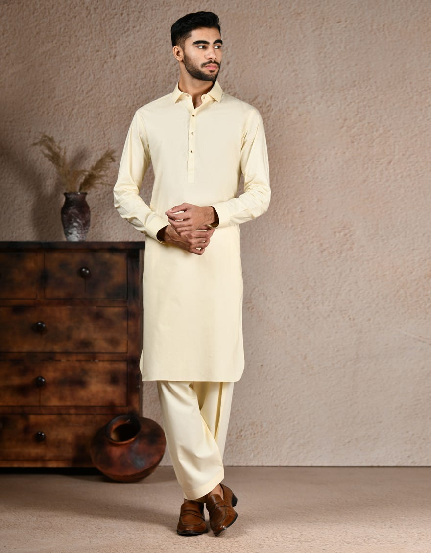 CREAM COTTON KAMEEZ SHALWAR | JJKS-S-46578