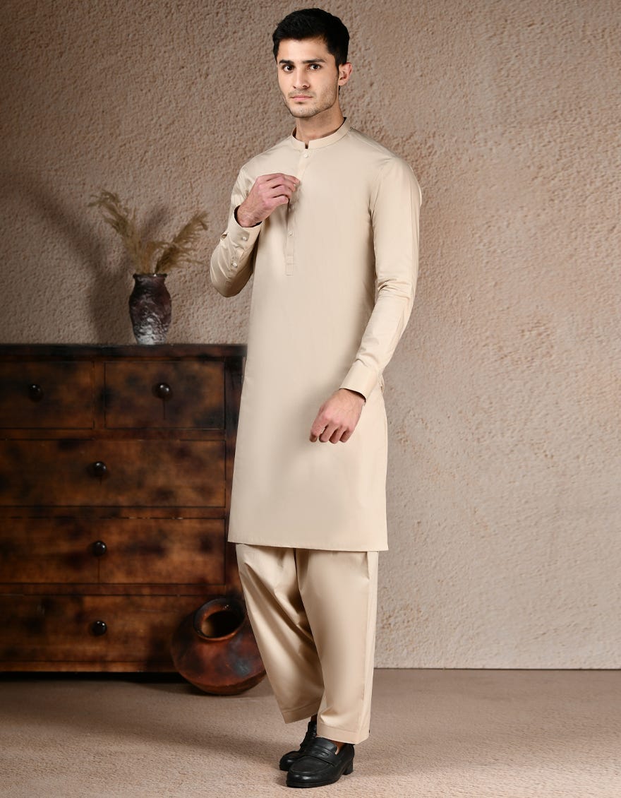 BEIGE COTTON KAMEEZ SHALWAR | JJKS-S-46580