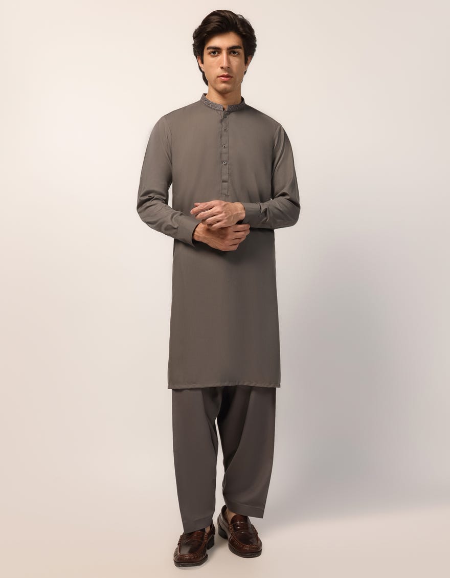 GREY POLYESTER SEMI-FORMAL KAMEEZ SHALWAR